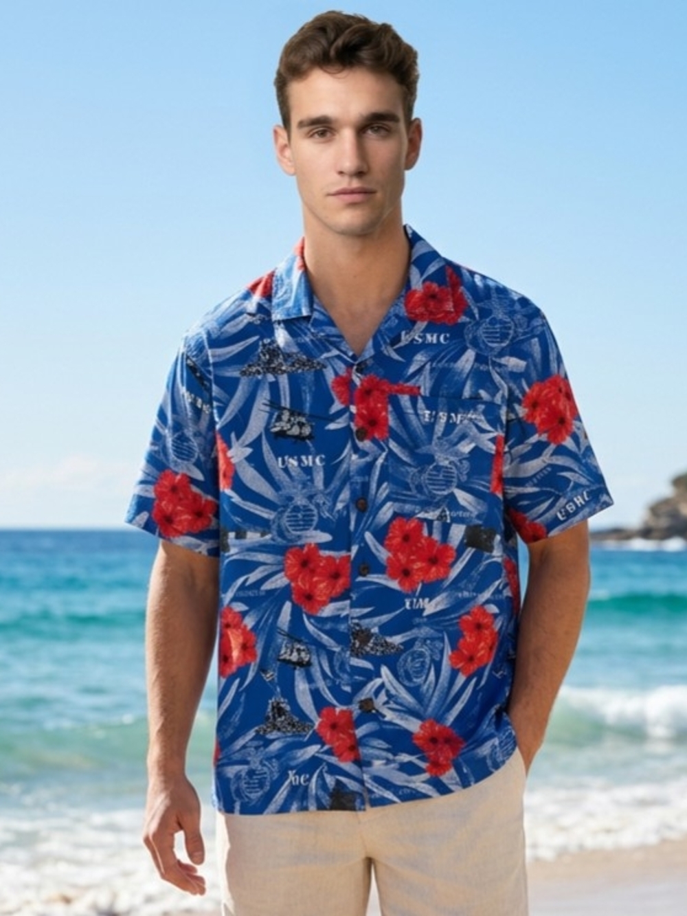 USMC Cool Blue Hawaiian Shirt by AE Sport Tropical Floral Pattern Iconic USMC M